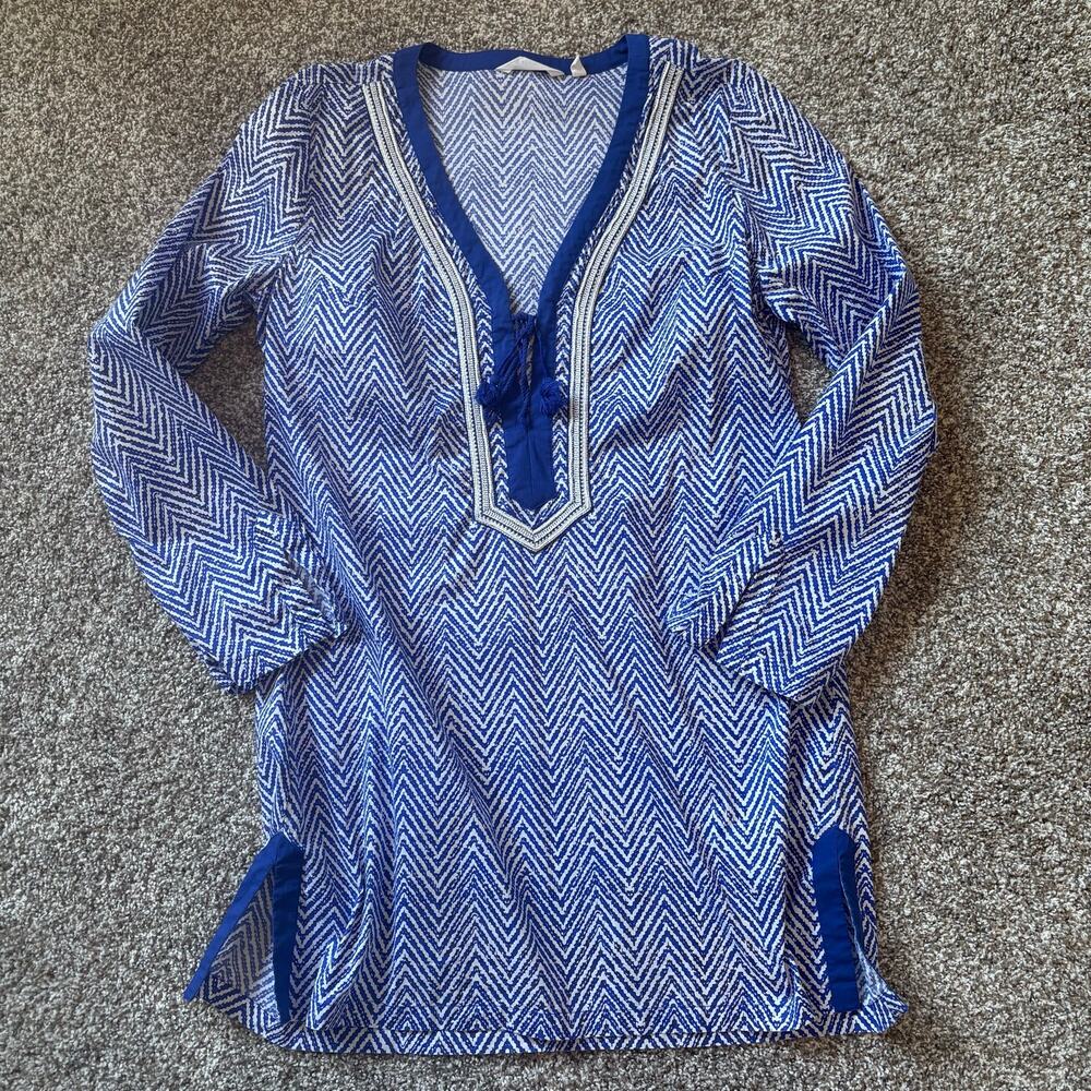 Athleta Herringbone Kaftan Tunic Size 14 Cobalt Blue Cotton Beaded Swim Cover Up
